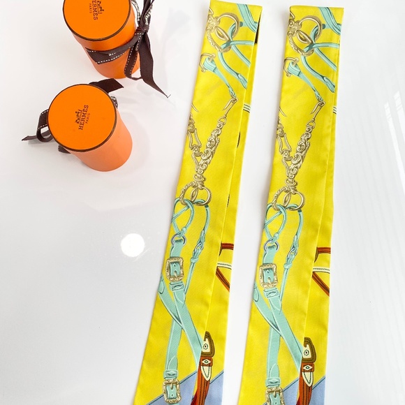 HERMES SILK YELLOW BEIGE BROWN BLUE Bandeau TWILLY WRAP SET OF 2 - Picture 7 of 16